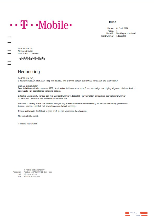 Netherlands T Mobile business utility bill template in Word and PDF formats